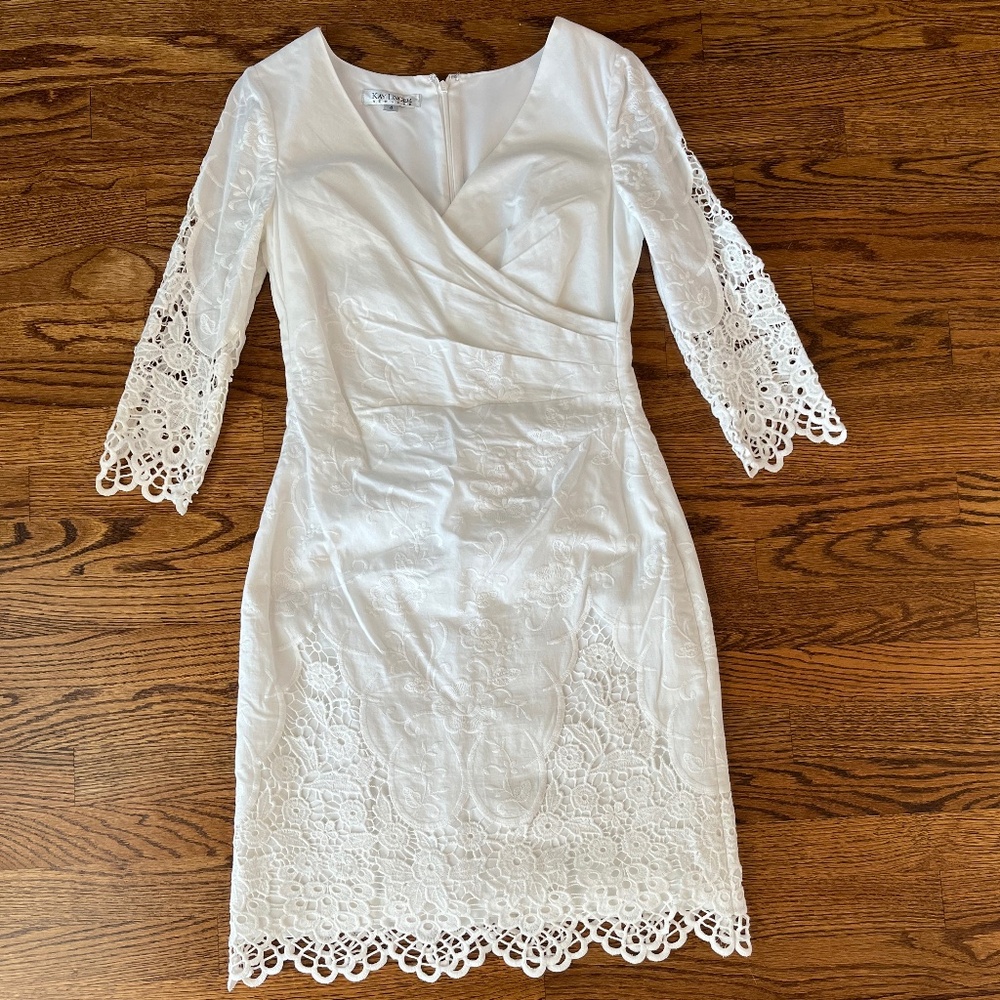 Kay Unger tunic style white dress, 3/4 sleeve, size 4